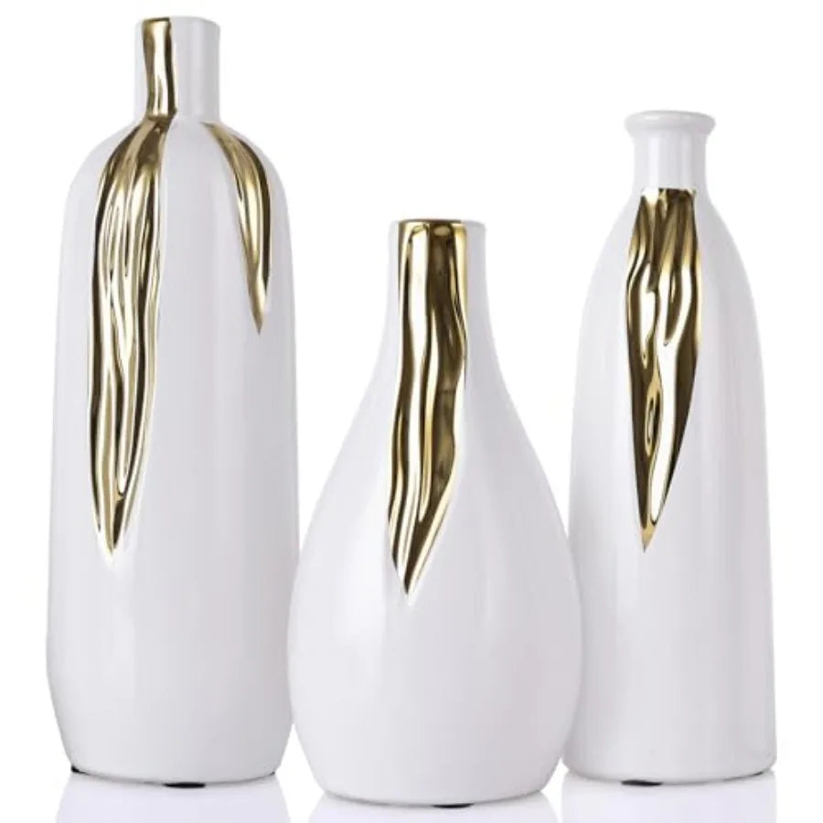 Ceramic Vase 3 Pcs Set, White and Gold Vases