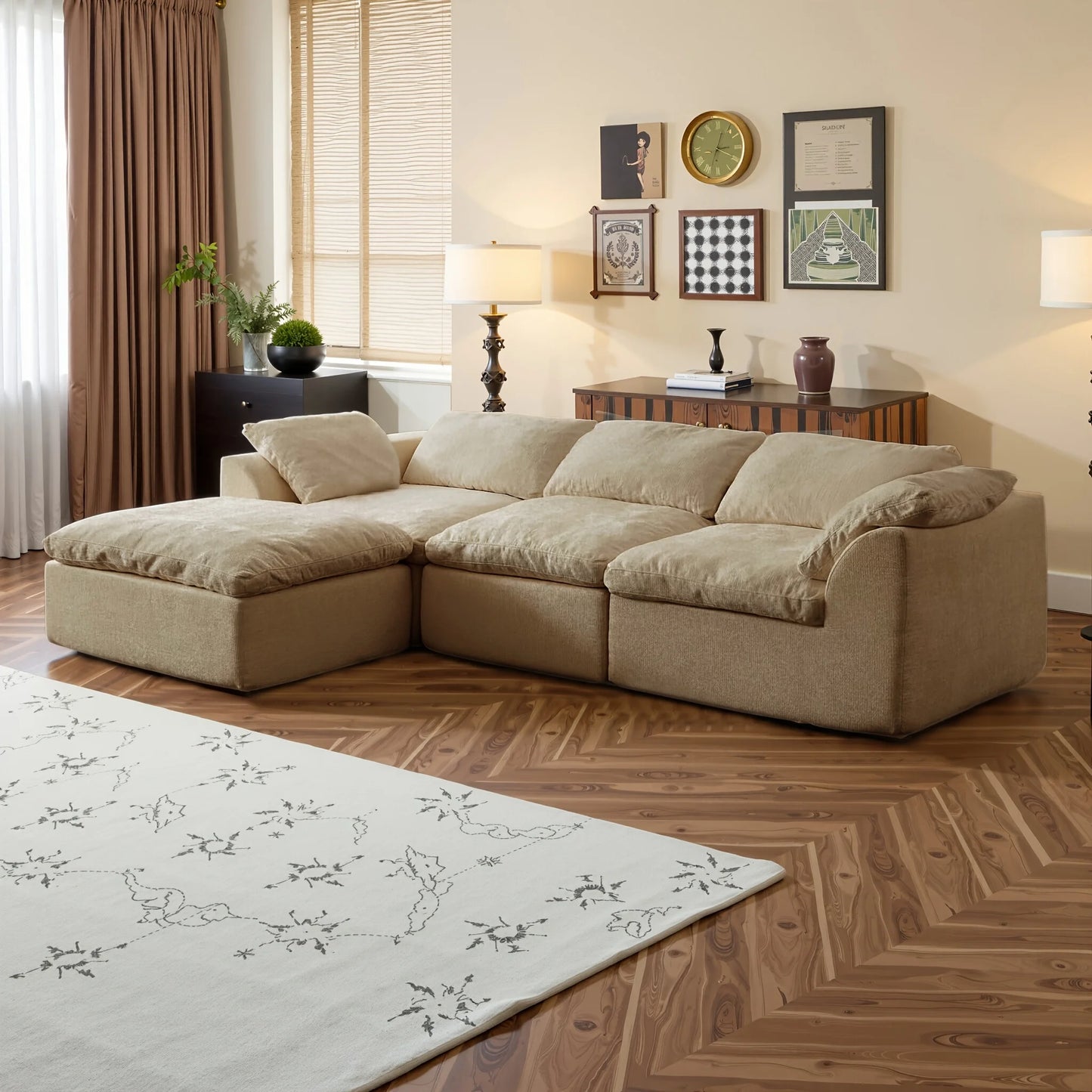 L-Shaped Modular Sofa, Boneless Design, Ultra-Soft Comfort, Ottoman