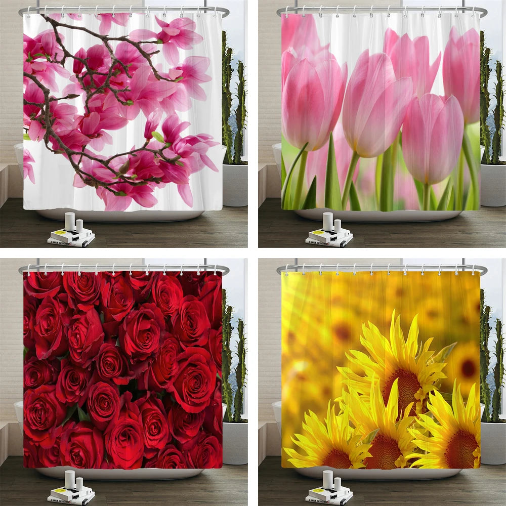 Waterproof Polyester Fabric Bathroom Curtain w/12 Hooks