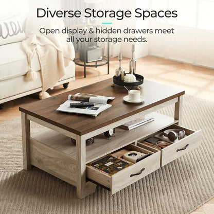 Farmhouse Coffee Table with Storage, Drawers