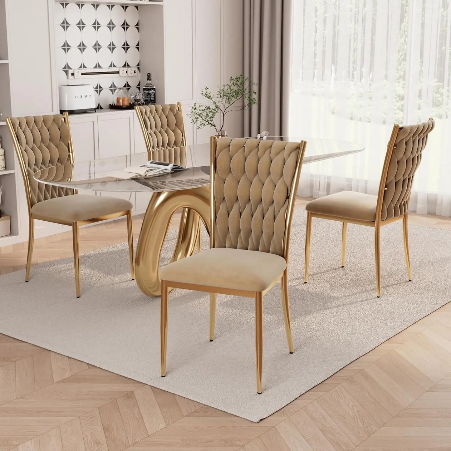 Set (4) Modern Velvet Upholstered Dining Chairs w/Gold Metal Legs