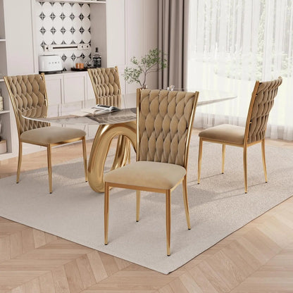 Set (4) Modern Velvet Upholstered Dining Chairs w/Gold Metal Legs