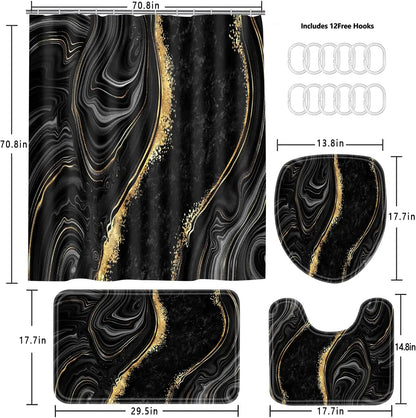 4-Piece Black Marble Shower Curtain Set