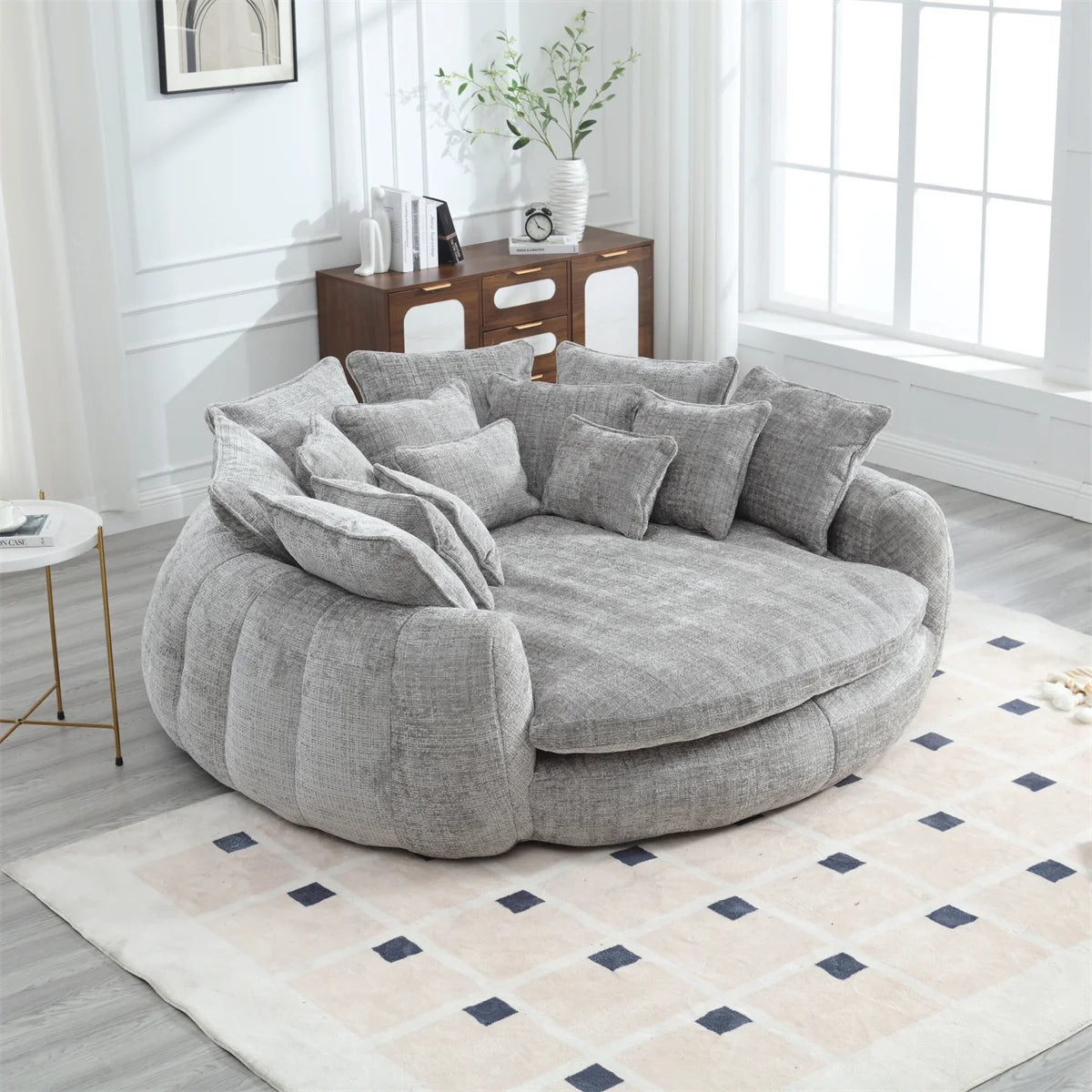 81.1" Oversized Round Chaise Lounge Chair with 14 Pillows, Modern Chenille