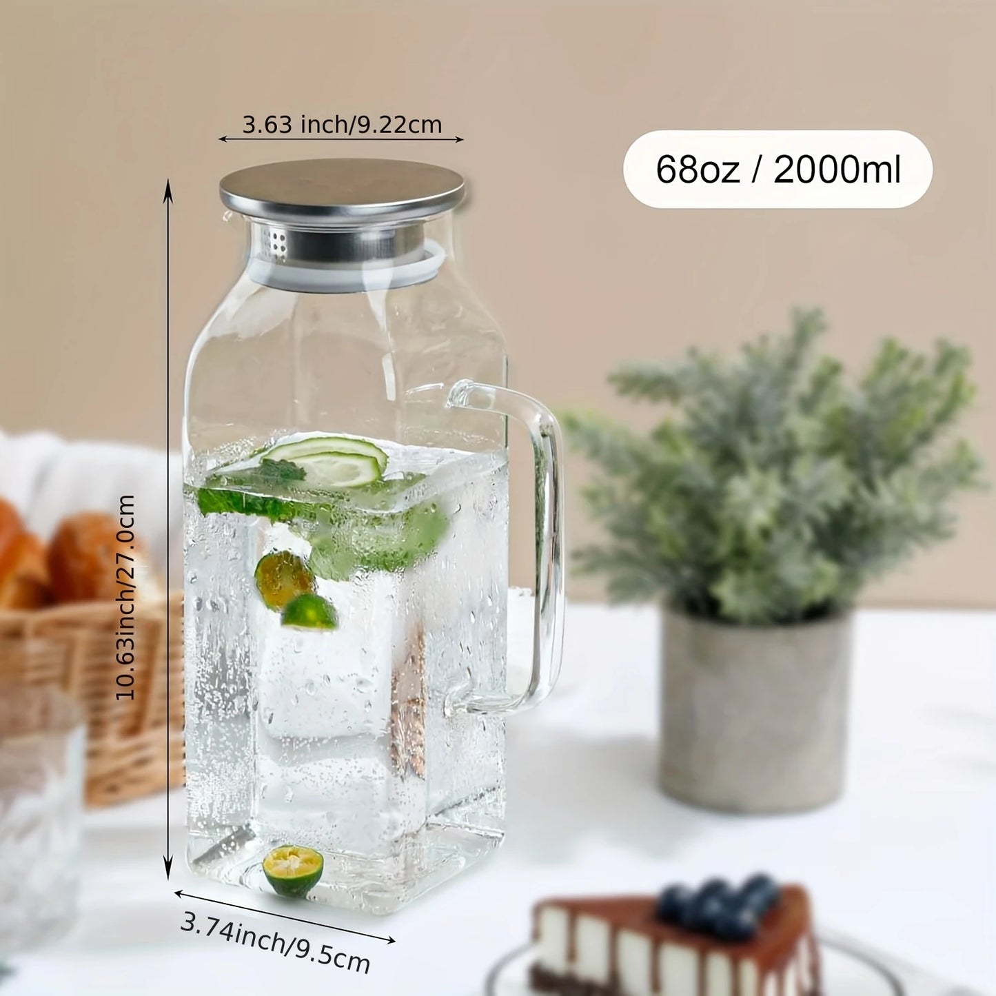 2/4 Pack 2 Liters/68 Oz Square Glass Pitcher w/Lid, Handle