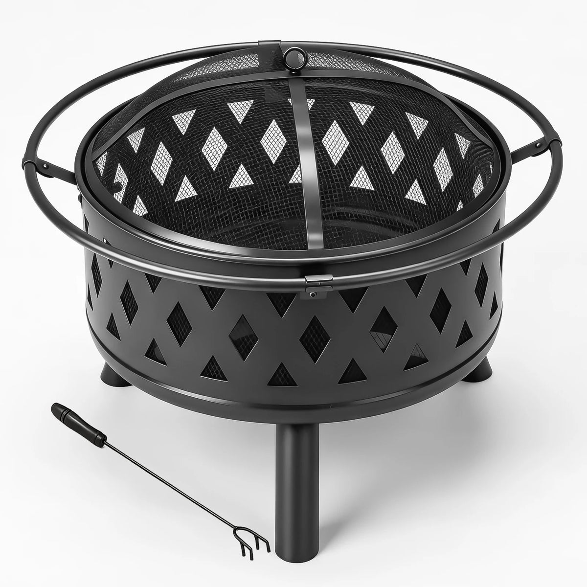 30 Inch Round Outdoor Fire Pit, Heavy‑Duty Wrought Iron Wood Burning Firepit with Spark Screen Lid, Lift Ring & Poker Tool, Diamond Cutout Fire Bowl for Backyard Garden Patio Camping Black