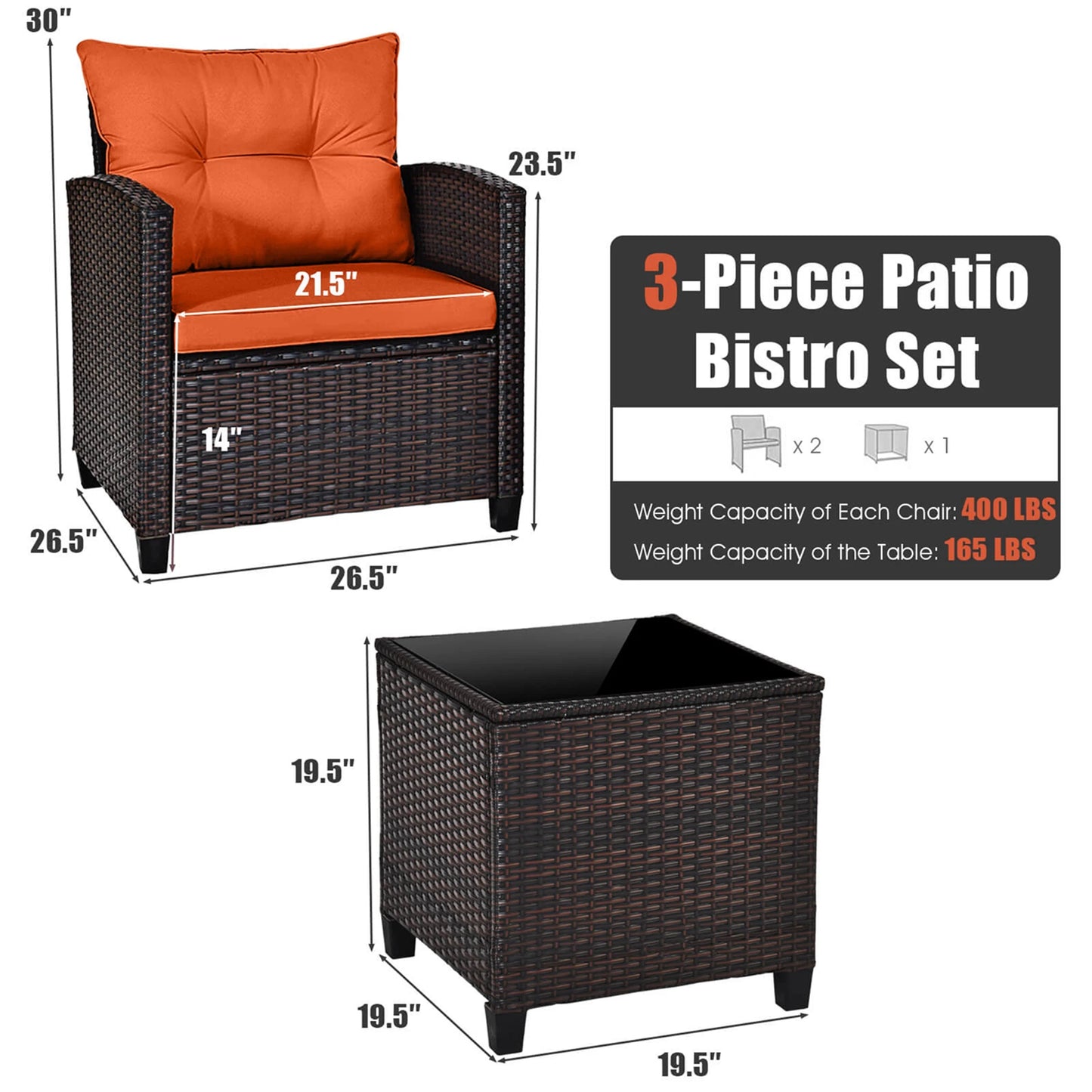 3pc Patio Rattan Patio Furniture, Cushions, Orange