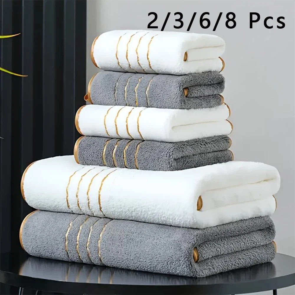 2/3/6/8 Pcs Bath Towel Set White & Gray with Gold Accents