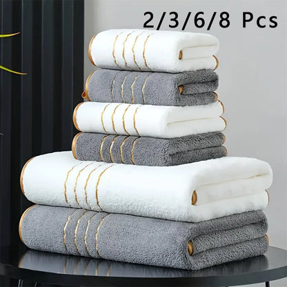 2/3/6/8 Pcs Bath Towel Set White & Gray with Gold Accents