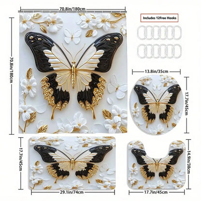 Waterproof Shower Curtain Set, Non-Slip Floor Mats, Commode Cover