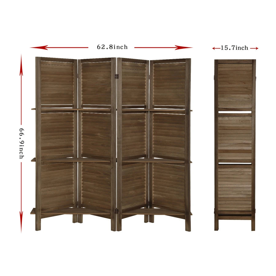 5'.6" Brown 4 Panel Folding Room Divider w/Display Shelves
