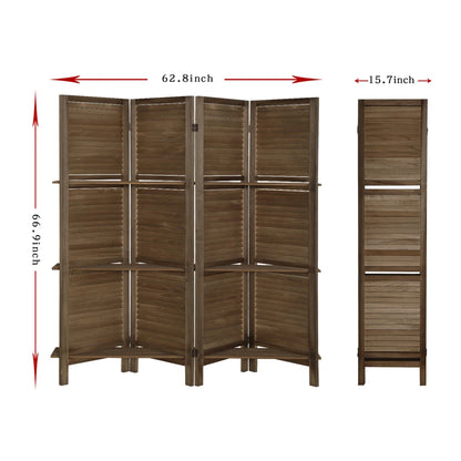 5'.6" Brown 4 Panel Folding Room Divider w/Display Shelves