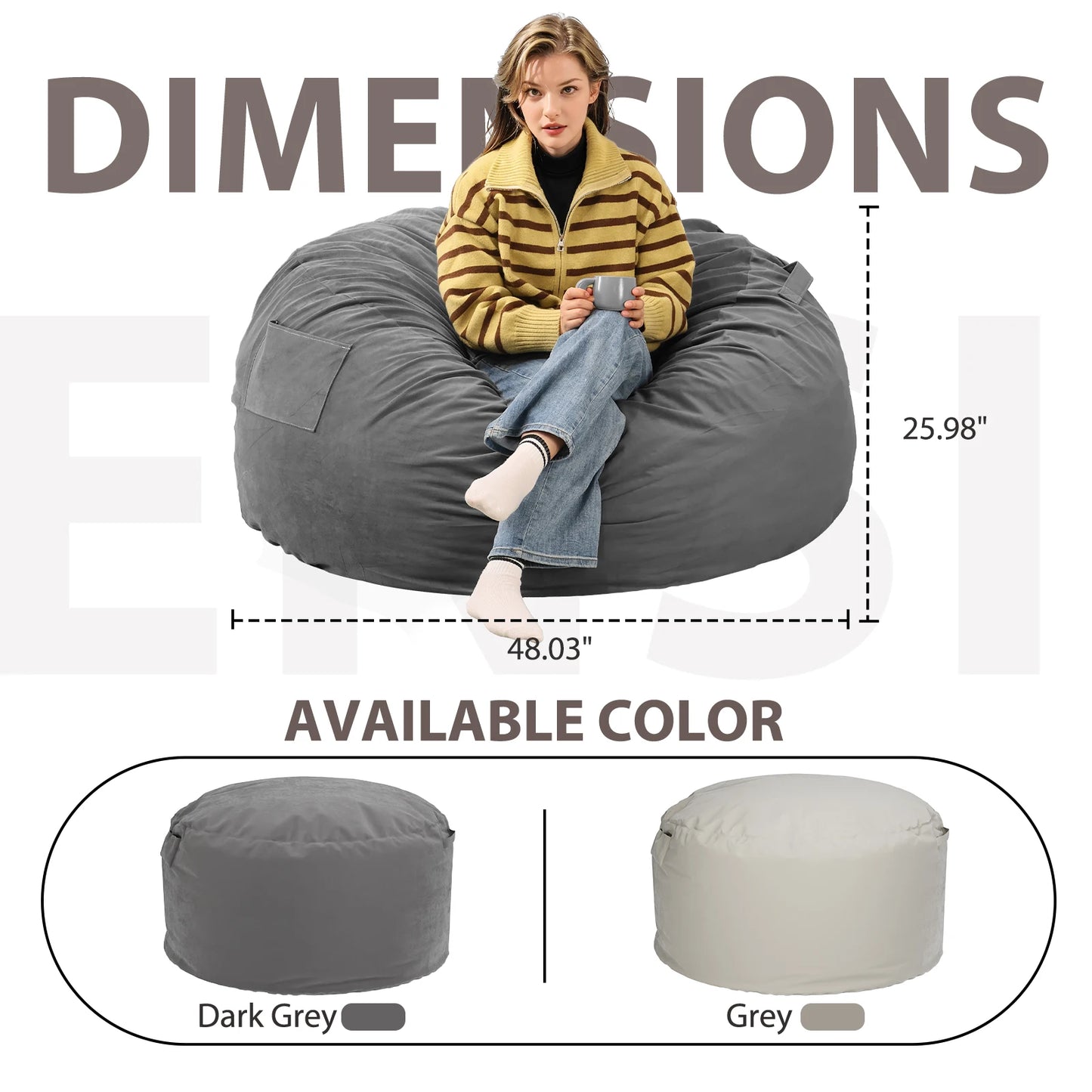 Oversized 3/4FT Bean Bag Chair, Lazy Sofa Foam Filled Couch