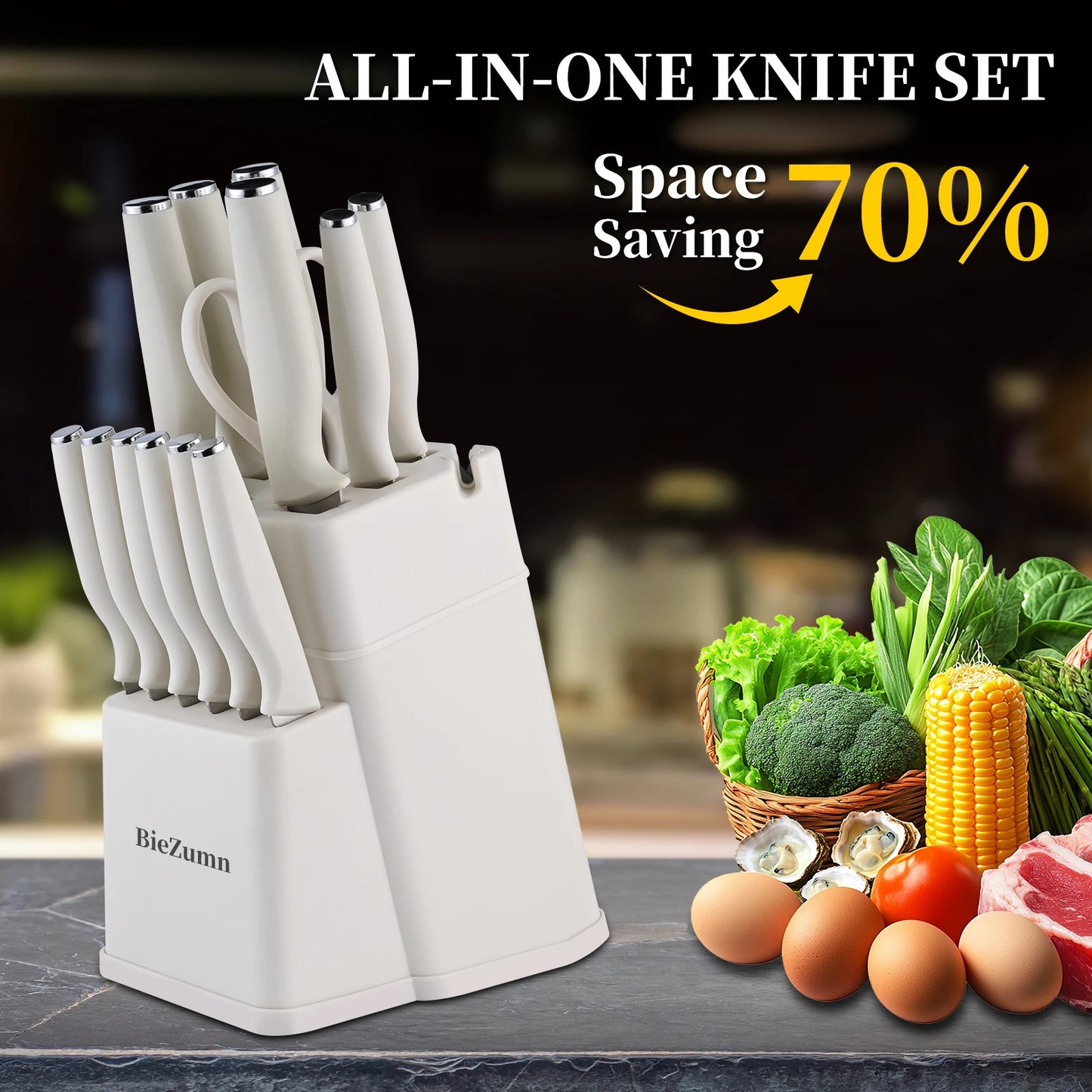 15/3-Piece Knife Set w/Cutting Board, Scissors, Built-In Sharpener