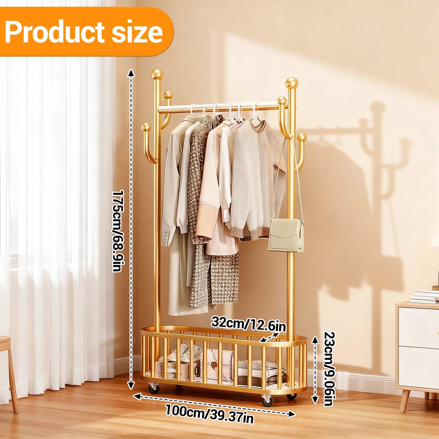 Movable Clothes Rail, Hanging Coat Rack with Storage Basket