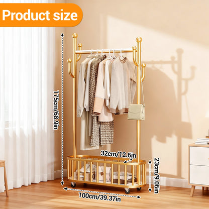 Movable Clothes Rail, Hanging Coat Rack with Storage Basket