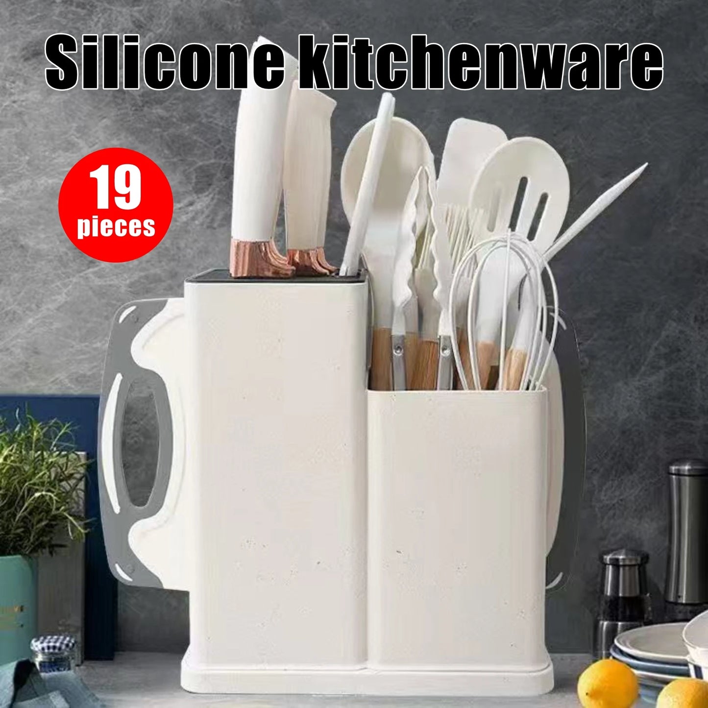 19pc Kitchen Knives and Silicone Utensils w/Holder