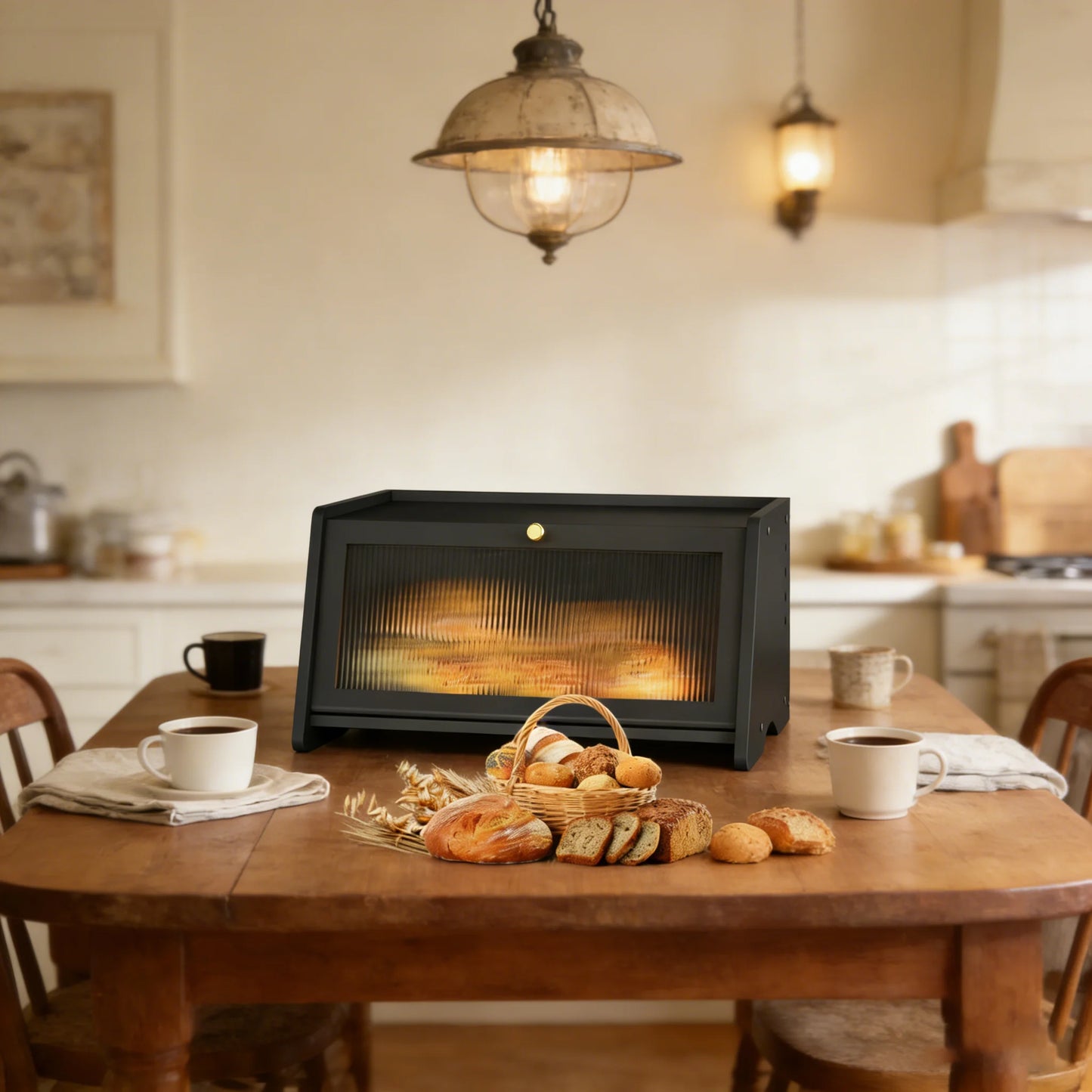 Large Black Bamboo Bread Box with Window & Air Vents