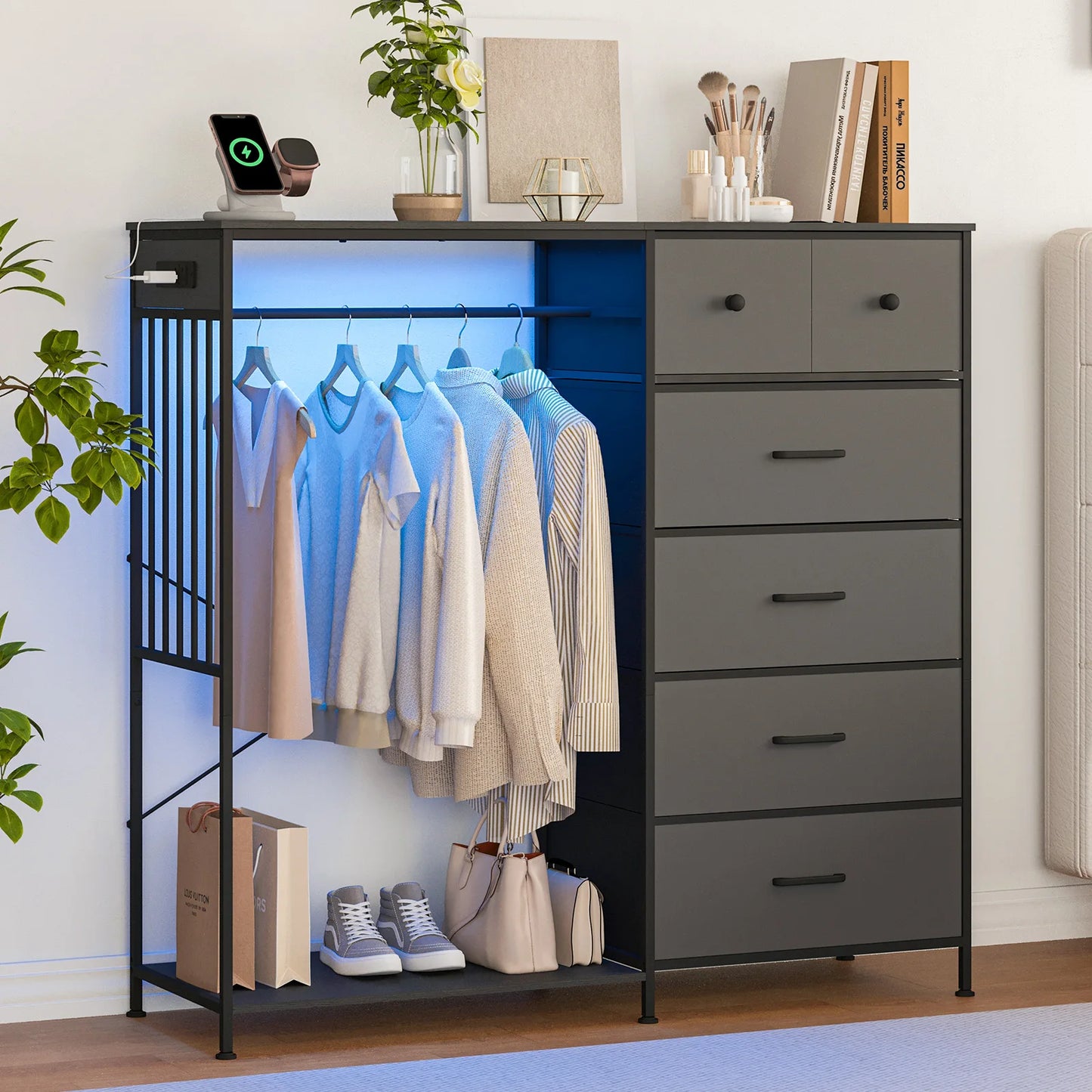 Reversible 6 Drawers Hanging Rack Dresser w/LED, USB