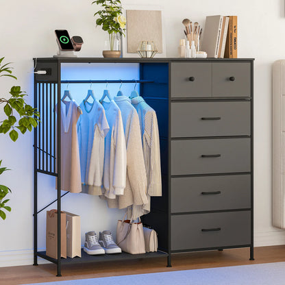Reversible 6 Drawers Hanging Rack Dresser w/LED, USB
