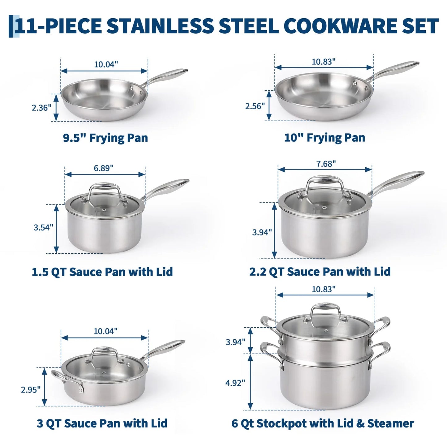 11pc 3 Ply Stainless Steel Cookware Set with Lids
