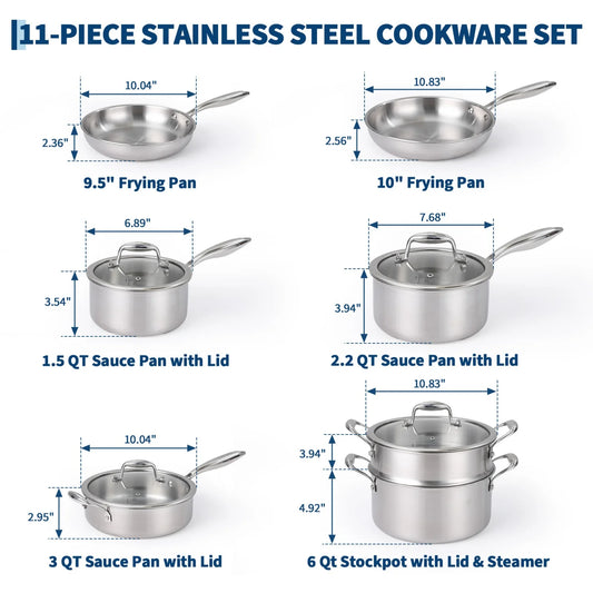 11pc 3 Ply Stainless Steel Cookware Set with Lids