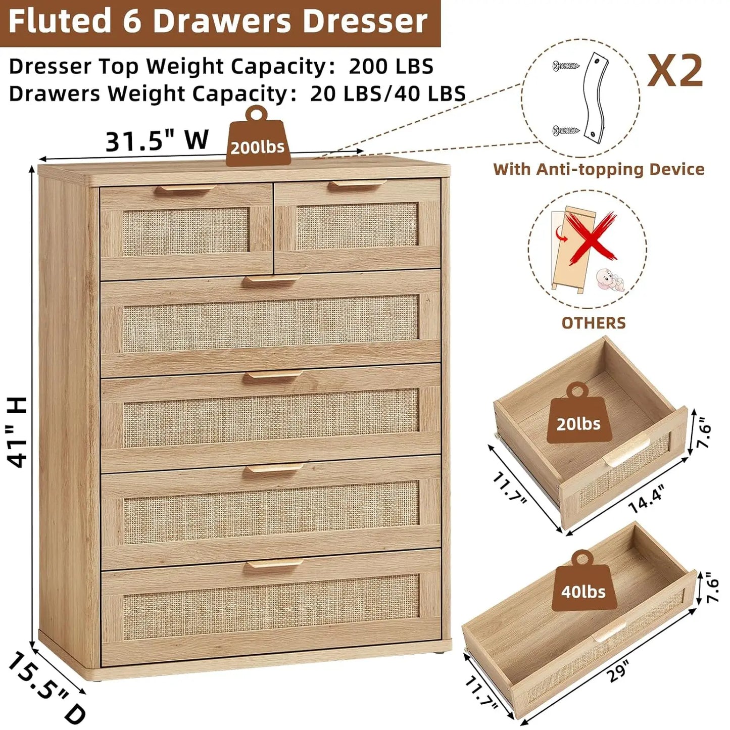 41" Tall Modern Chest of Drawers, 6 Drawers