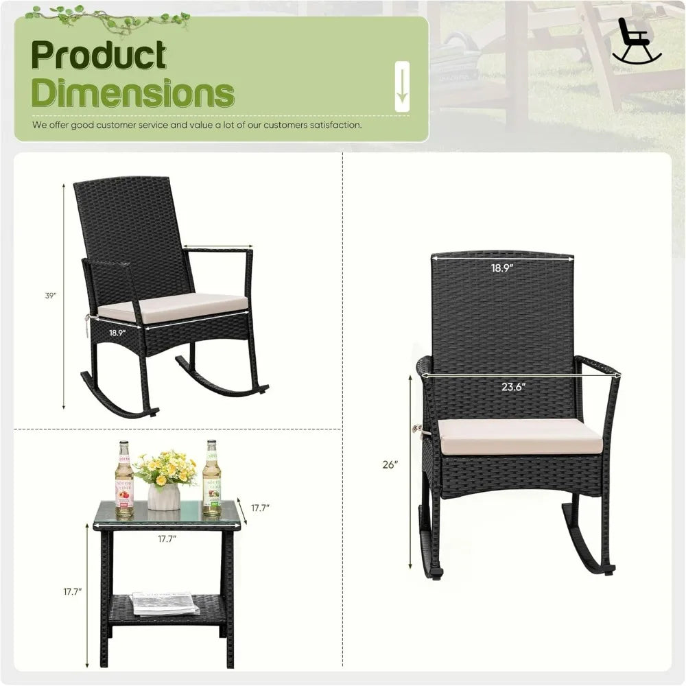 Outdoor High Back Rocking Chair Set w/Glass Table, Beige