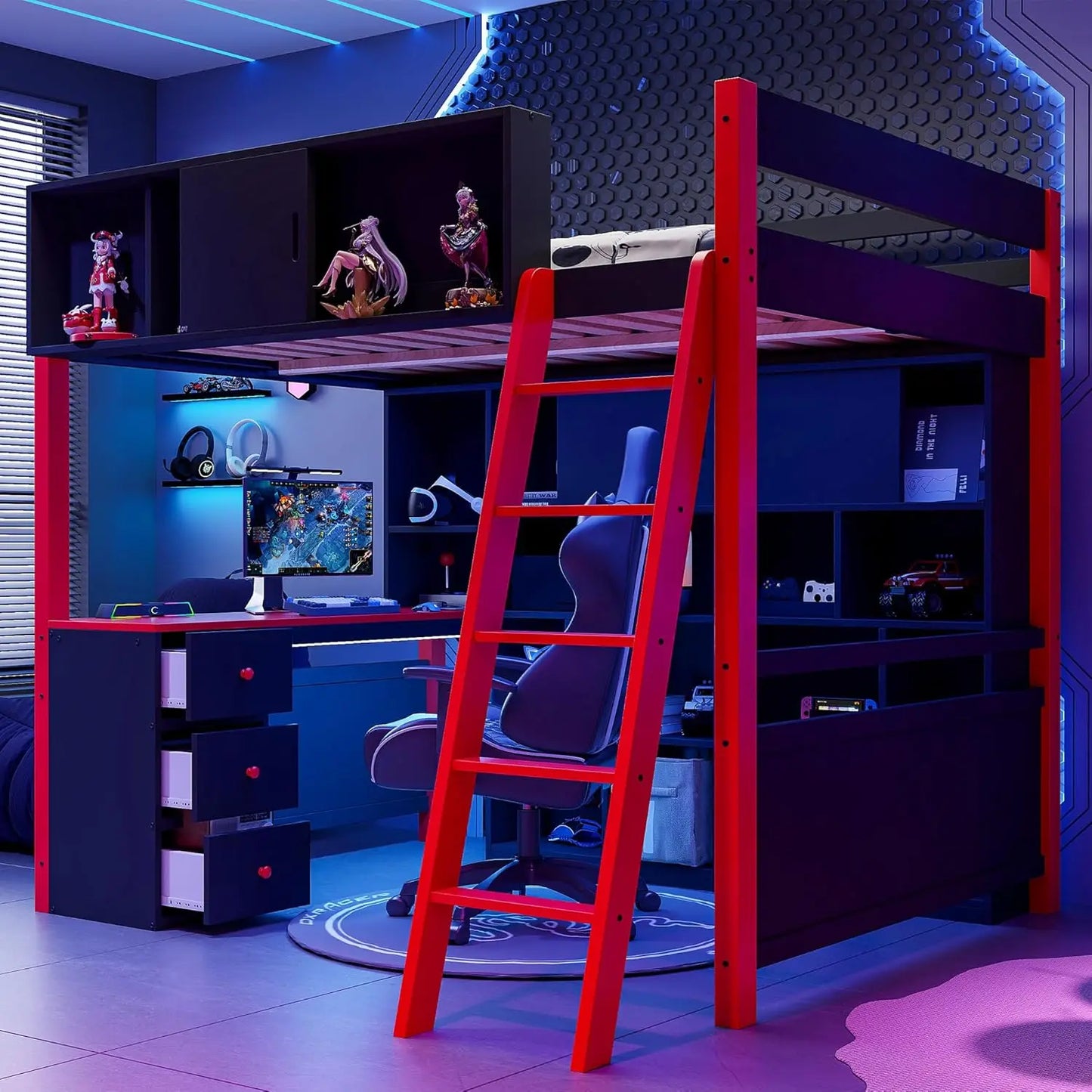 Full Wood Gaming Loft, Bed, Desk, Storage Shelves, LED, Charging