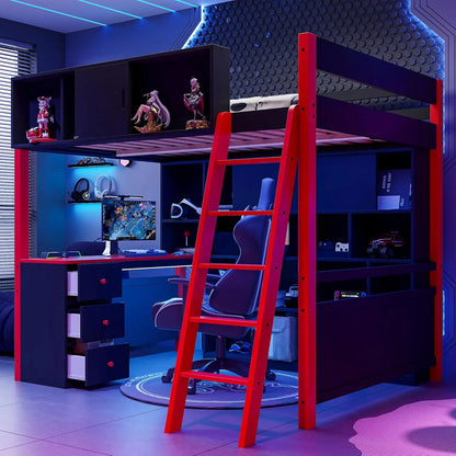 Full Wood Gaming Loft, Bed, Desk, Storage Shelves, LED, Charging