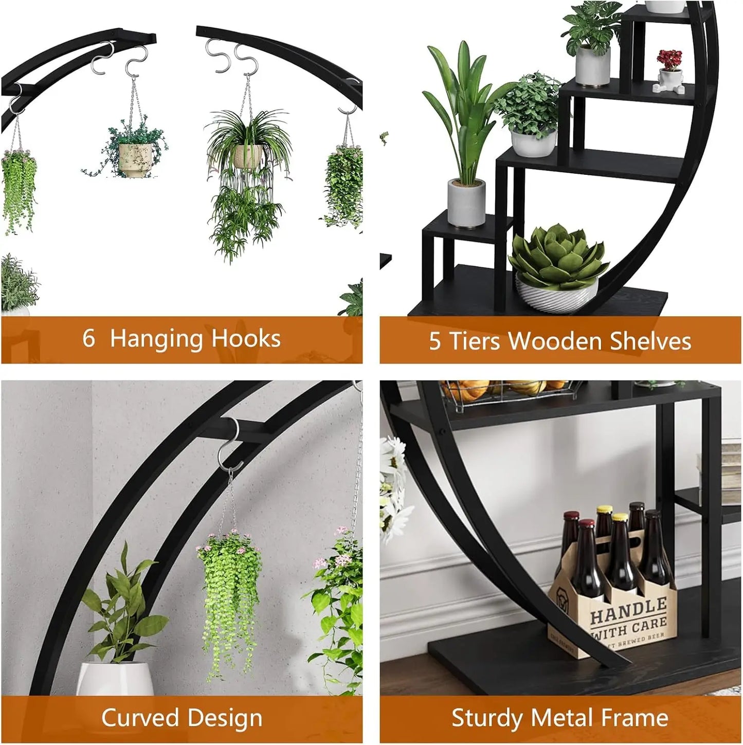 2pc 5-Tier Indoor Half-Moon Metal Plant Stand