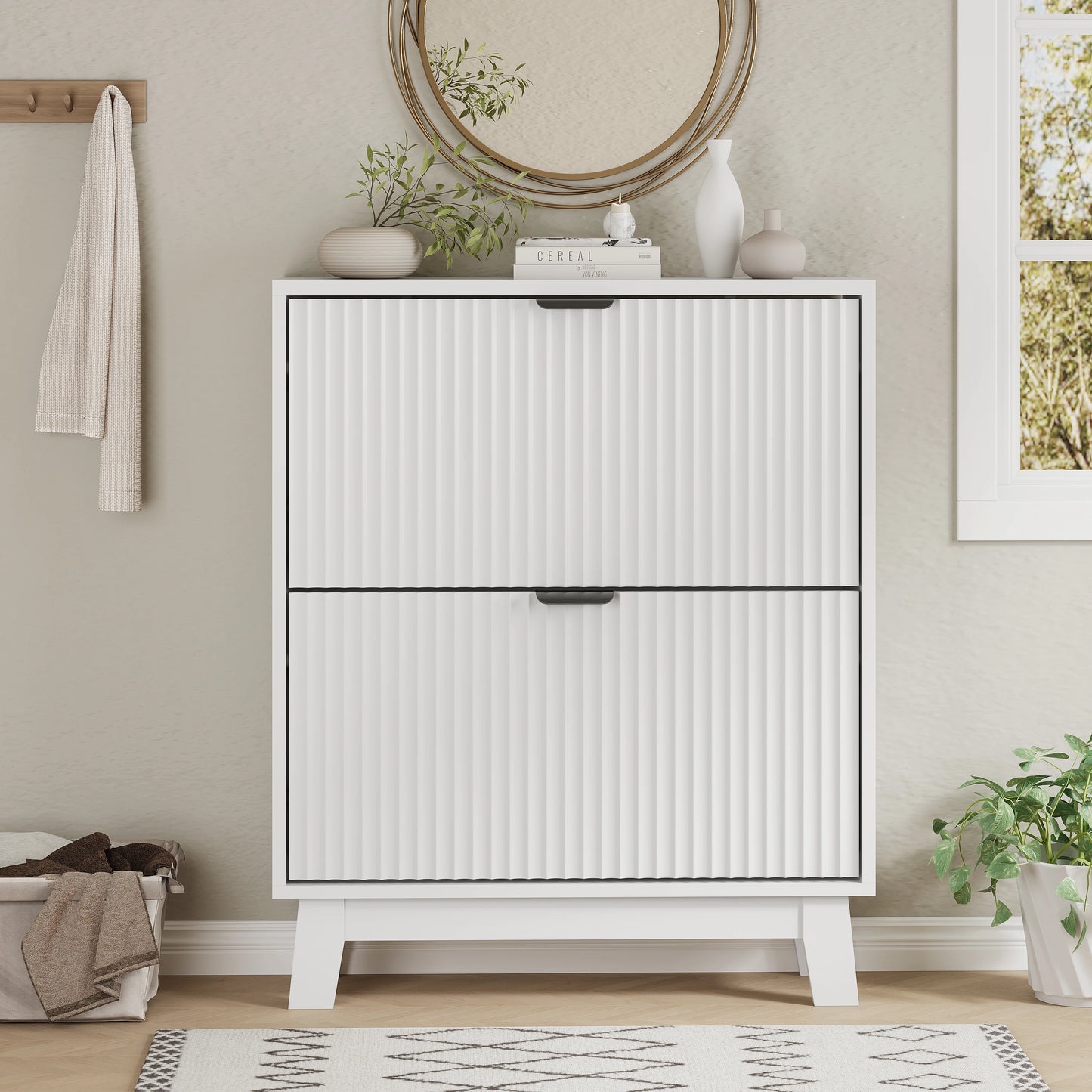 37" Tall Narrow Fluted Shoe Cabinet w/2 Flip Drawers