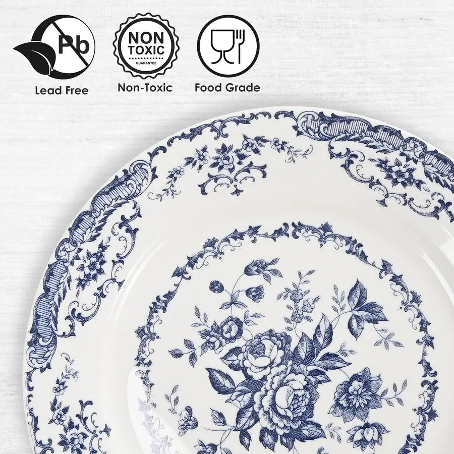 Ceramic Diner Plates Set of 6, Microwave Safe, Blue Rose/White