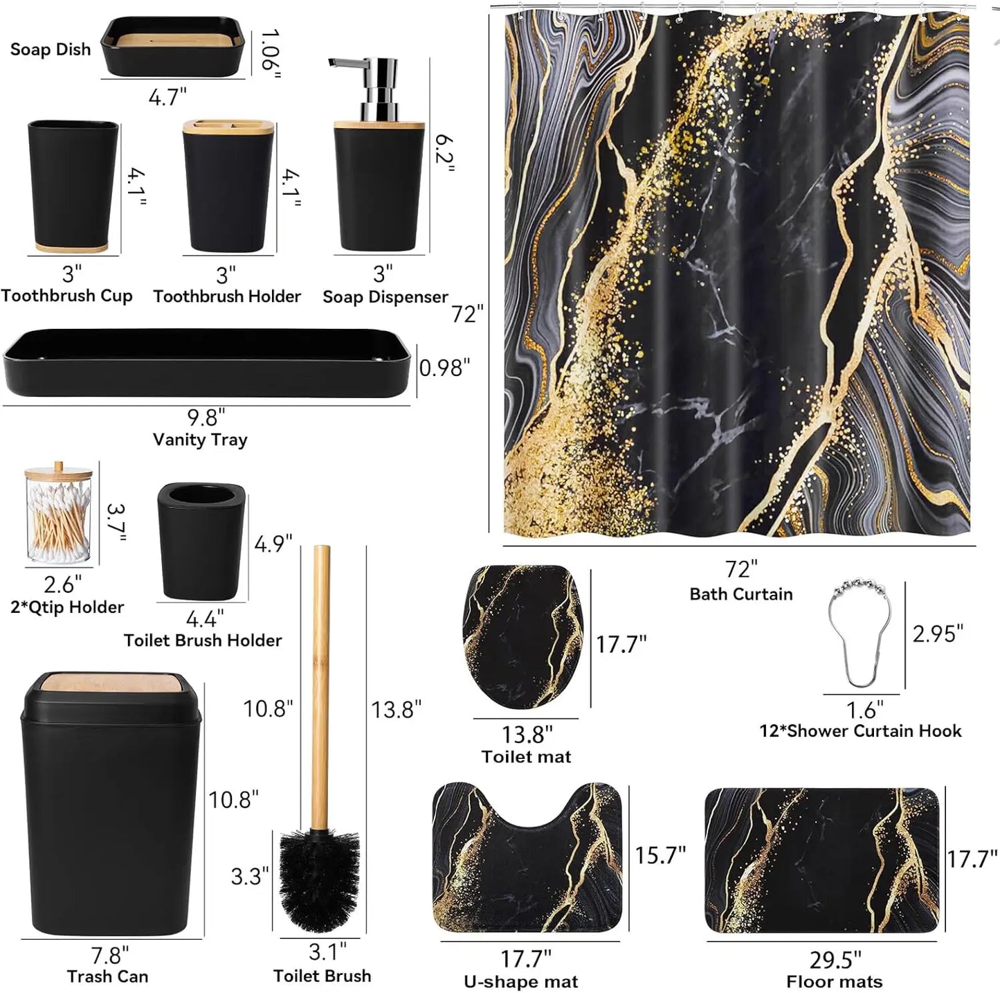 Black and Gold Waterproof Shower Curtain Set w/Non-Slip Rugs