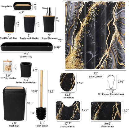 Black and Gold Waterproof Shower Curtain Set w/Non-Slip Rugs