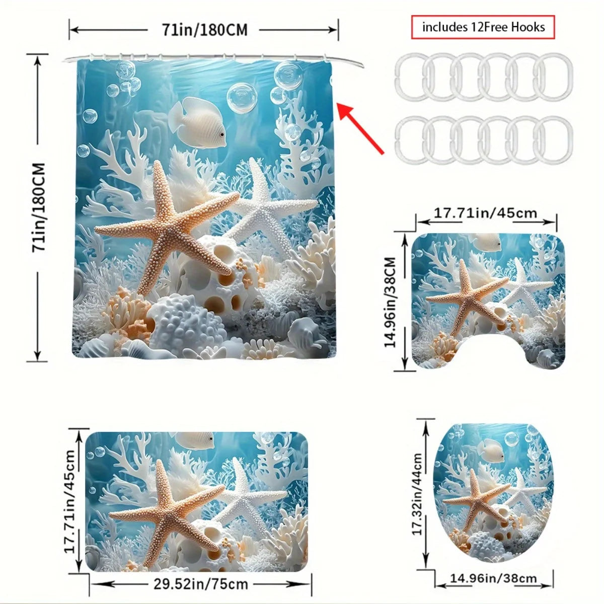 Ocean Theme 2D Flat Shower Curtain, Bathroom Set, Non Slip