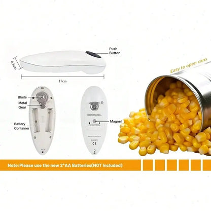 One-Touch Automatic Electric Can Opener, battery-powered and portable. It features one-touch operation with smooth safe edge, no sharp burrs. This practical kitchen tool easily opens various cans, jars and bottles for daily h