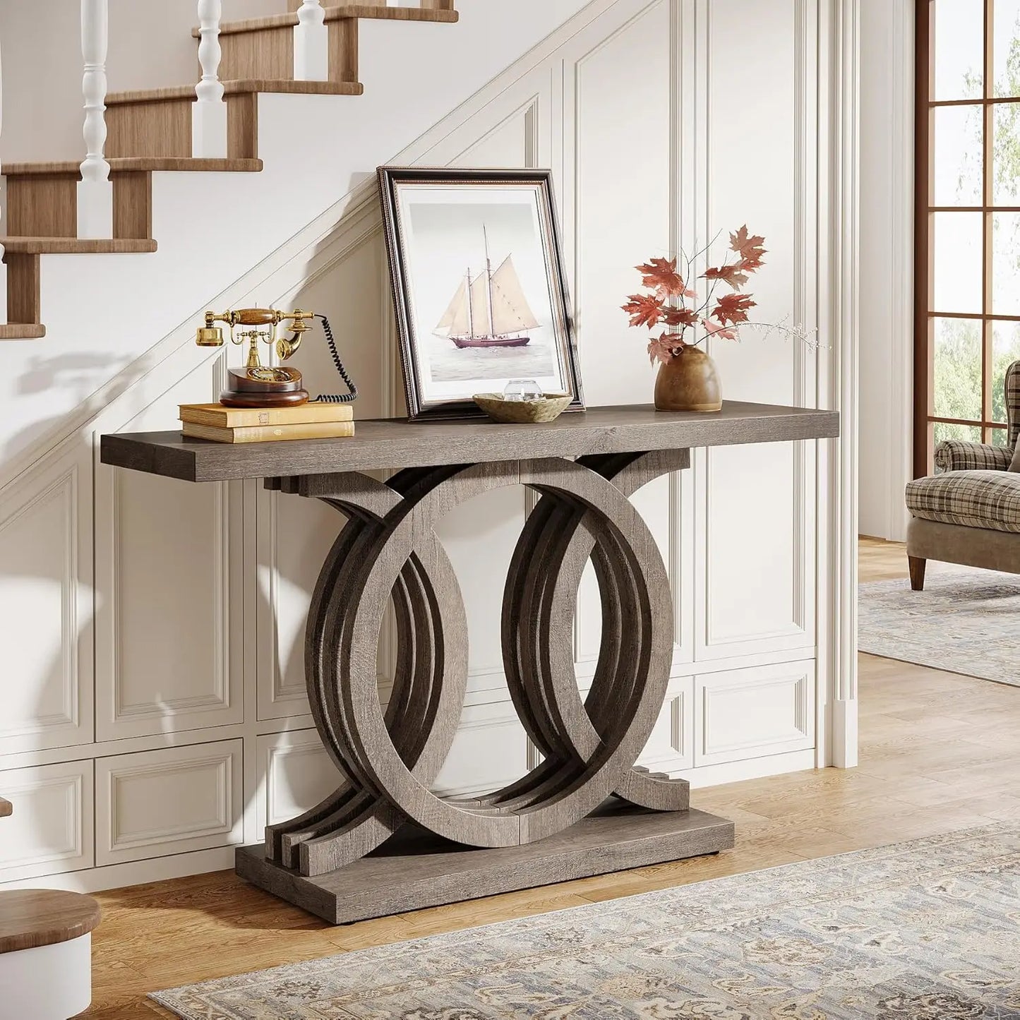 Modern 55"Console Table w/Geometric Wood Base, Modern