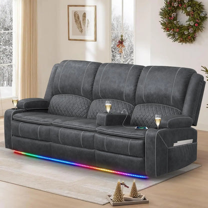 PU Leather Recliner Sofa w/Console, Cup Holders, USB Ports,