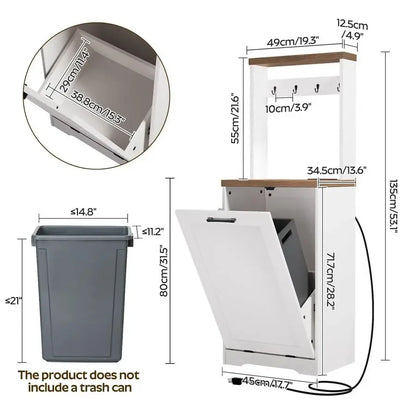 10gl. Coffee Bar, Kitchen Trash Bin Cabinet w/Hooks, Charging