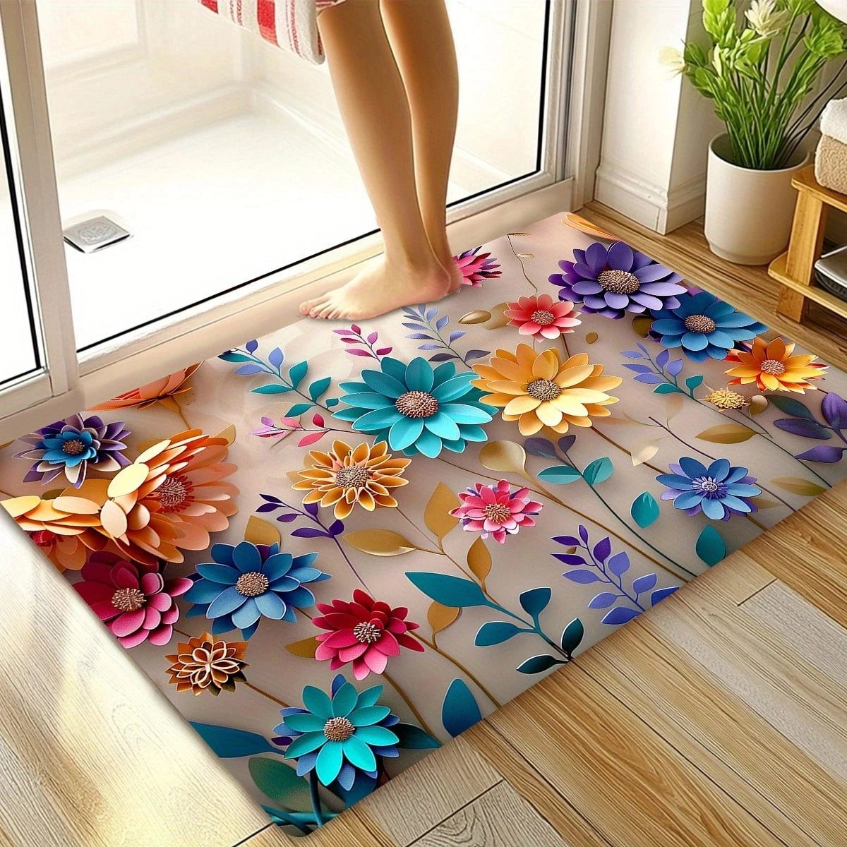 1pc Multi-Color Floral Print Design Bathroom Mat, Anti-Slip