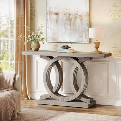 Modern 55"Console Table w/Geometric Wood Base, Modern