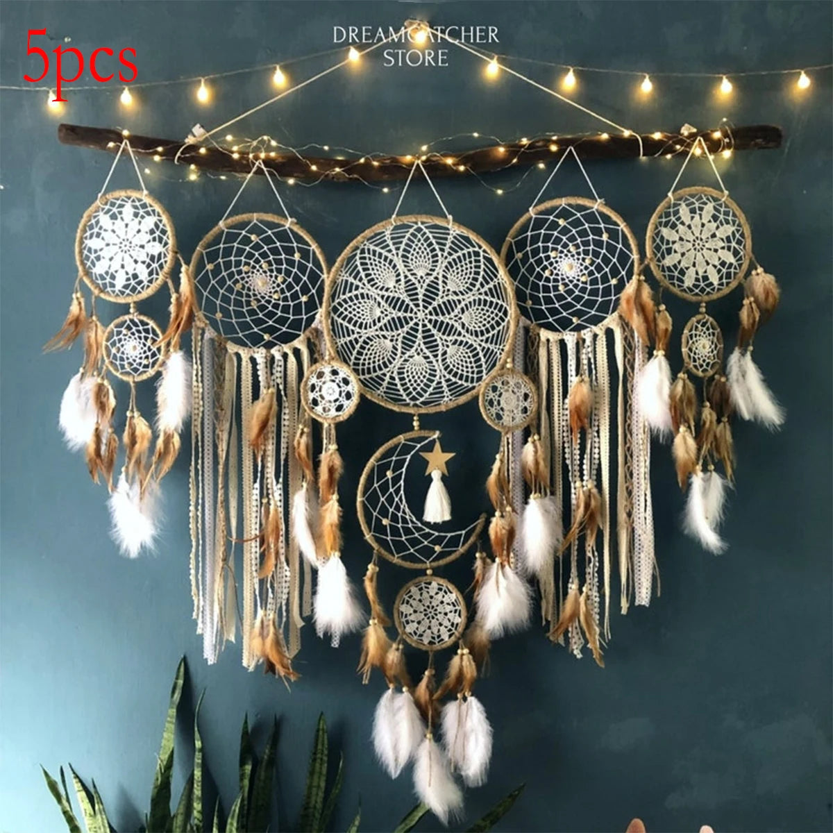 5pc Dream Catcher, Handcrafted Moon Dream Chaser, Bohemian Moon and Sun