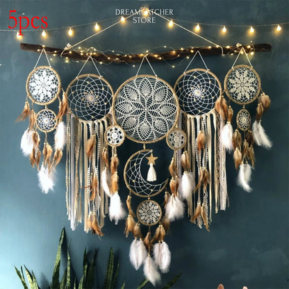 5pc Dream Catcher, Handcrafted Moon Dream Chaser, Bohemian Moon and Sun
