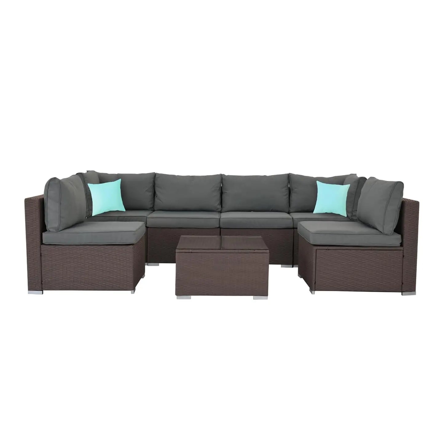 7pc Patio Sectional Wicker Sofa Set, All-Weather Cushions, Glass Table
