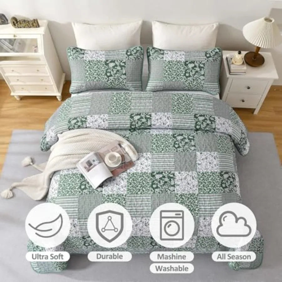 3pc Plaid Floral Bedspread Set Patchwork Reversible Bedding