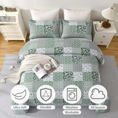 3pc Plaid Floral Bedspread Set Patchwork Reversible Bedding