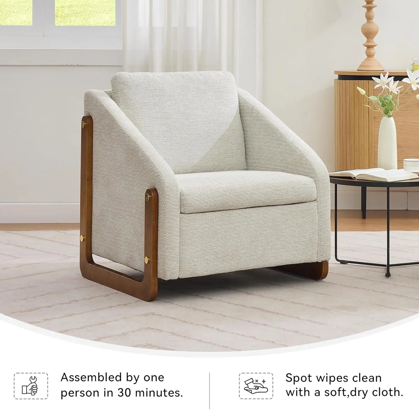 Chenille Fabric Chair w/ Wooden Side Frame, Comfortable Lounge