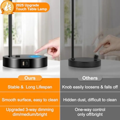 Set (2) Dimmable Touch Control Table Lamps w/USB C+A Ports and AC Outlet