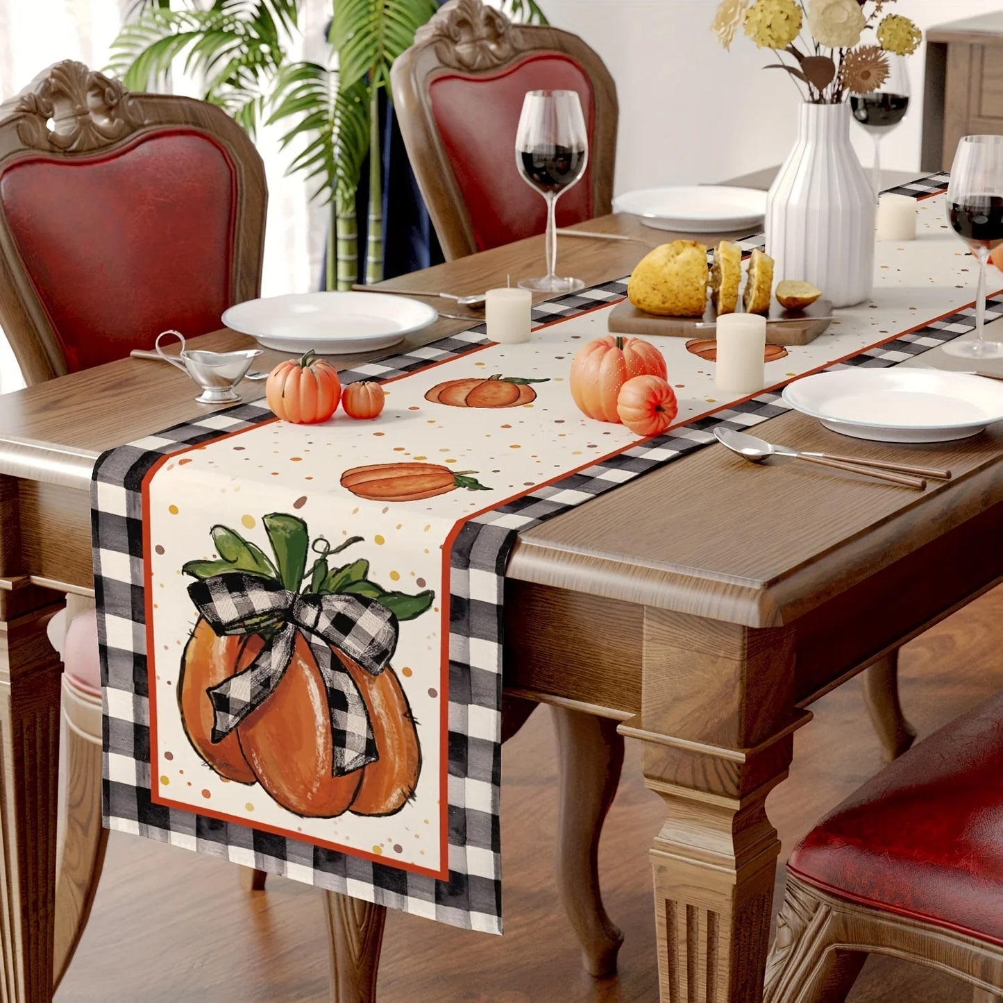 1pc (3 sizes) Fall Table Runner Buffalo Plaid Check Pumpkins Leaves